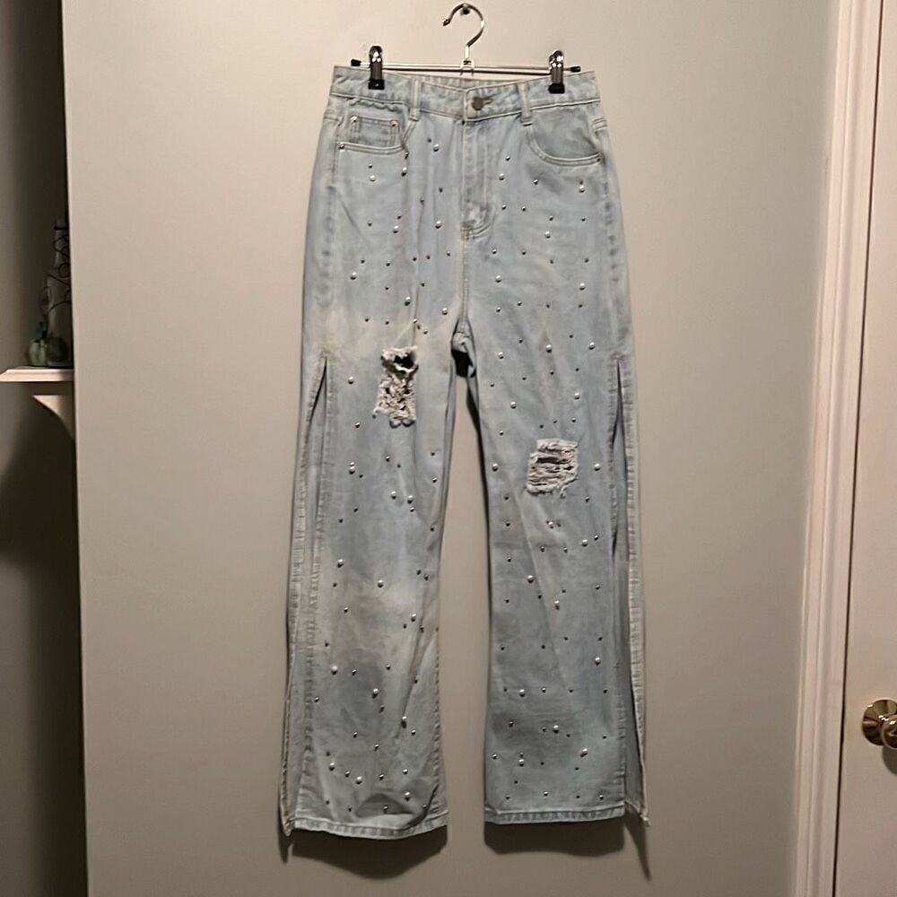 Women's Light Blue Ripped Embellished Side Slit Straight Wide Leg Jeans - Picture 2 of 10